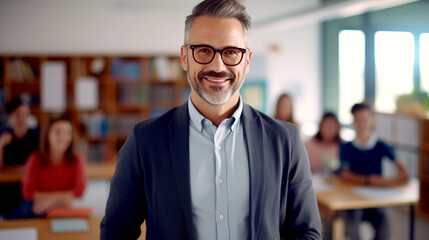 Fototapeta premium Happy male teacher standing in front of a group of students.