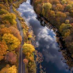 Aerial view of mountain road true colorful autumn forest with river