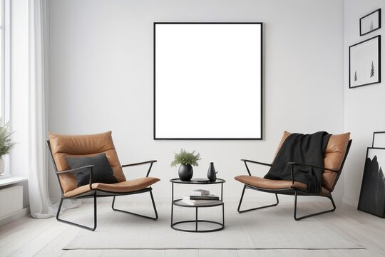 White living room design. View of modern scandinavian style interior with chair and black poster frame on white wall. Home staging and minimalism concept