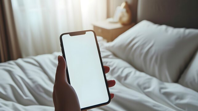 Hand holding an isolated smartphone device with blank empty white screen in bed in the bedroom, business communication technology concept