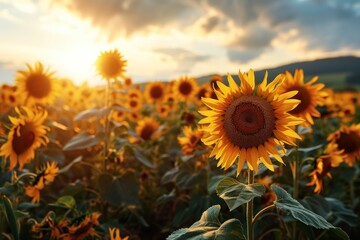 Fototapeta premium Sunflowers bloom brightly against a sunset backdrop