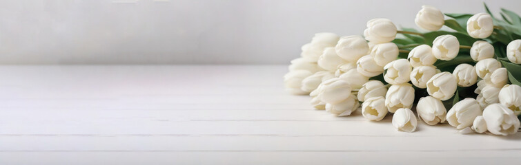 bouquet of white tulips on a pale pink background with space for text. International Women's Day, Mother's Day