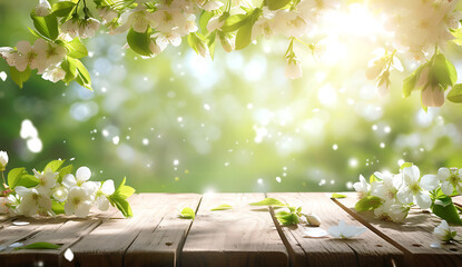 a beautiful spring table on wood background with whit - obrazy, fototapety, plakaty