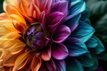 Vibrant multi-colored dahlia flowers in close-up view. Colorful close-up of vibrant, blooming flowers