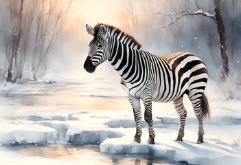 Fototapeta na wymiar AI generated illustration of a solitary zebra gracefully standing in a wintry landscape