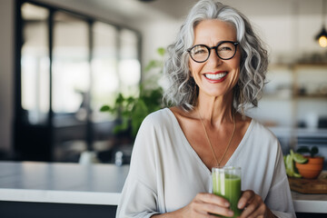 Healthy senior woman drinking a green juice at home - obrazy, fototapety, plakaty