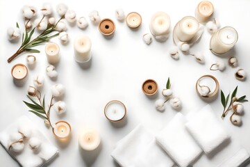 Flat lay composition with clean towels, burning candles and cotton flowers on white background