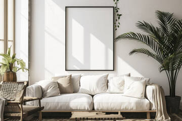 Frame mockup with ISO A paper size, showcasing a living room wall poster mockup against a modern interior design background, presented in a 3D render.