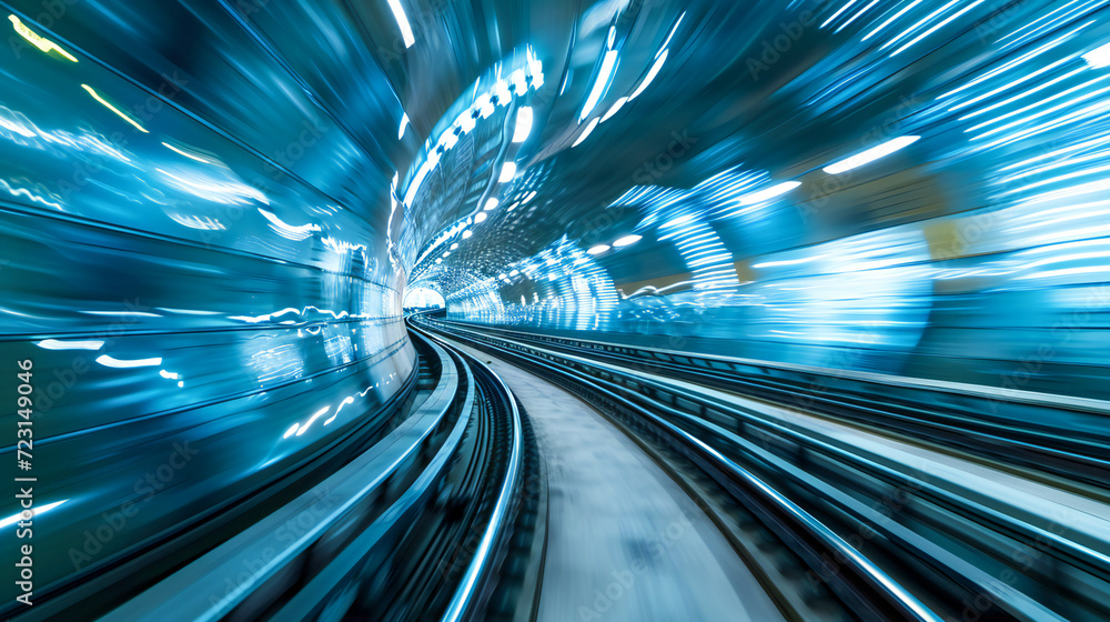Poster acceleration speed on the railroad. light and stripes fast motion blur.