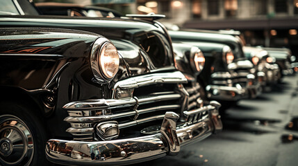 Polished vintage cars in a row, side view