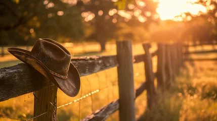 Fotobehang A cowboy hat hanging on an old wooden fence © Adrian Grosu