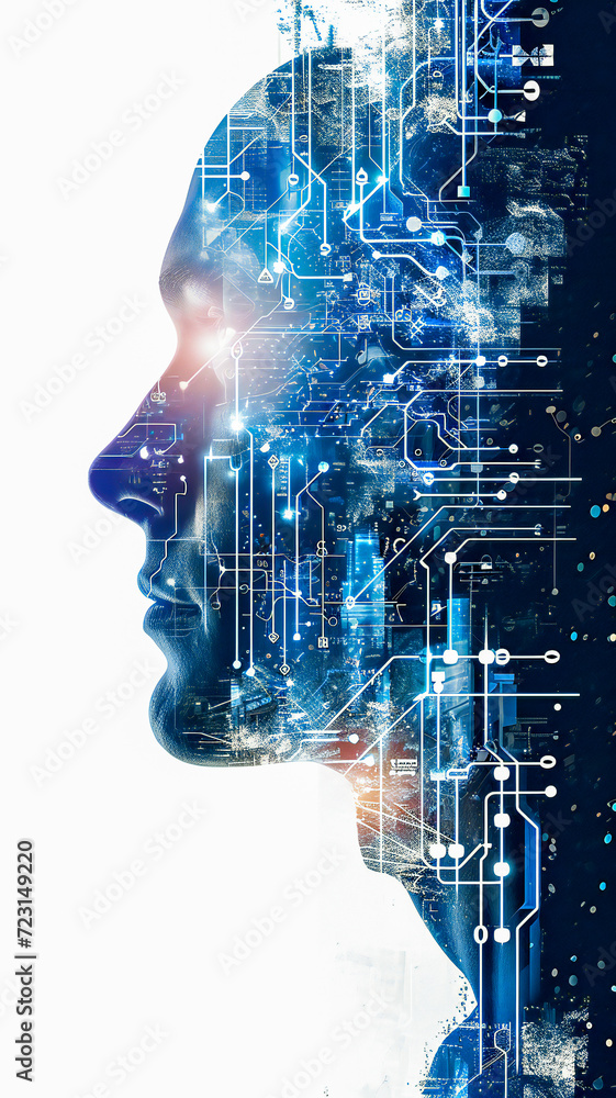 Poster a human head over intricate circuitry. artificial intelligence and human-computer integration concep