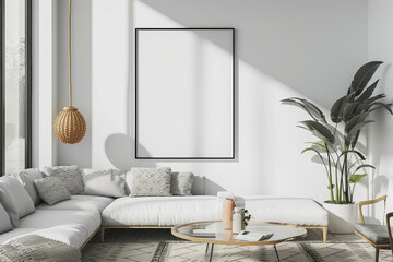 Frame mockup with ISO A paper size, showcasing a living room wall poster mockup against a modern interior design background, presented in a 3D render.