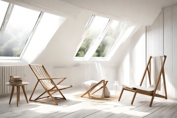 White room with deckchair, wooden desk, chair and window wall