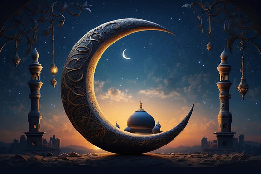 Free photo of crescent moon in the background symbolizing the end of Ramadan. AI generative image.