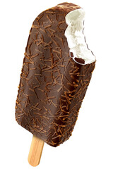Coconut flavored popsicle with chocolate shell and coconut shavings bitten
