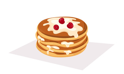 Vector illustration of a stack of custard pancakes and cherries. Concept for breakfast, food, dessert, baking.