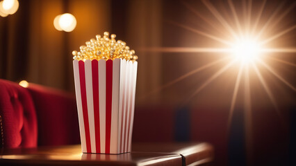 Popcorn in a pack on the table, cinema, relaxation, delicious food for watching movies. Going to the cinema, entertainment, weekends with the family - obrazy, fototapety, plakaty