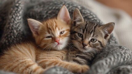Fototapeta premium Playful Kittens, Adorable close-up of playful kittens engaged in cute interactions, conveying warmth and coziness