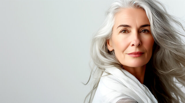 Portrait of a mature beautiful woman on a light background.