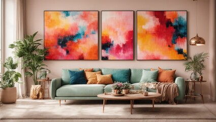 jovial and upbeat living room design concept featuring vibrant abstract painting art wall hanging picture