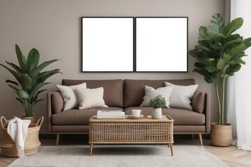 Fototapeta na wymiar Modern composition of living room interior with brown mock up poster frame, design retro commode, sofa, bookstand, rattan basket with plant and elegant accessories