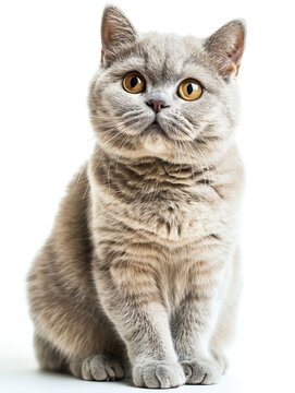 British Shorthair Cat blue color sit and look at front with white background. Generative AI