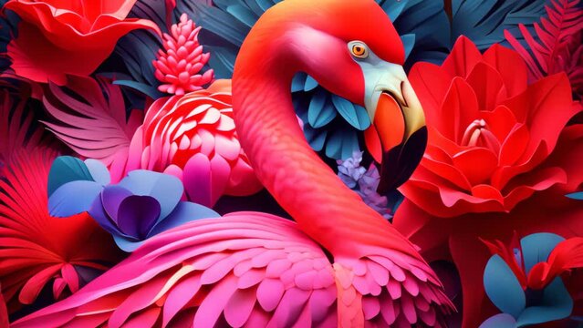 Flamingo and tropical nature flower abstract background. Generative ai.