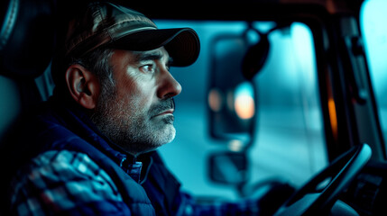 Tired professional truck driver after working day close up.