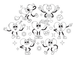 Outline Monochrome Vector Icons Retro Cartoon Groovy Hearts Valentine Day Characters Exude Love And Positivity