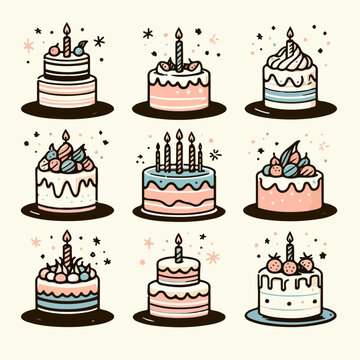 collection of birthday cake vector illustrations