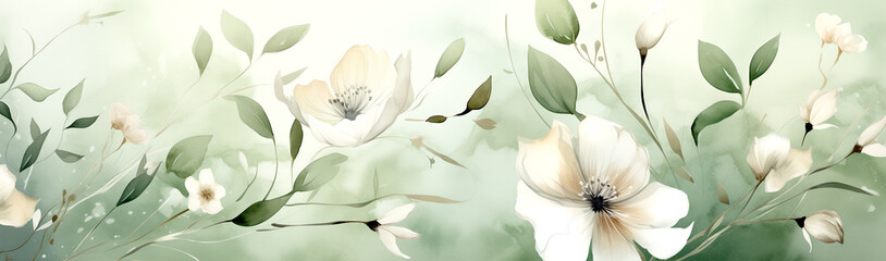 Delicate clean watercolor with spring flowers in green tones.
