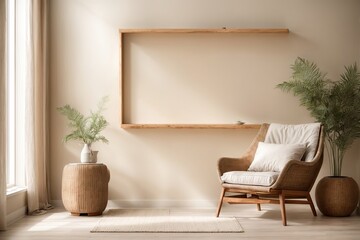 mockup of an empty beige wall in a room with a wicker armchair and a vase. a window's natural light source