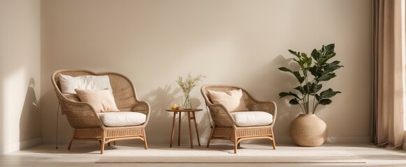 Empty beige wall mockup in room interior with wicker armchair and vase. Natural daylight from a window