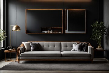 empty frame on wall, black wall background, modern sofa, marble pattern wooden sofa, grey carpet, lamp