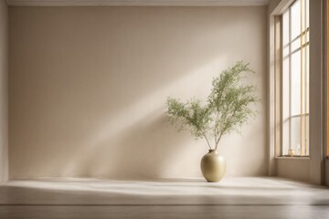 empty Interior background of room with stucco wall and vase with branch