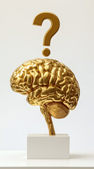 A gold brain sculpture with a gold question mark above it, isolated on white background.