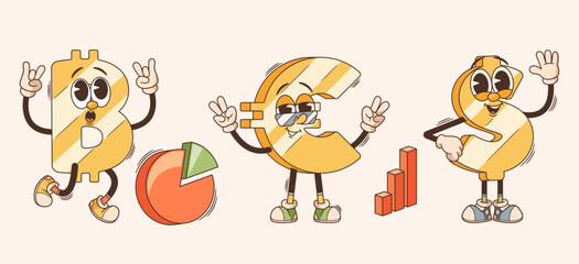 Retro Cartoon Characters Bitcoin, Dollar, And Euro Signs With Groovy Flair. They Dance To The Beat Of Financial Harmony