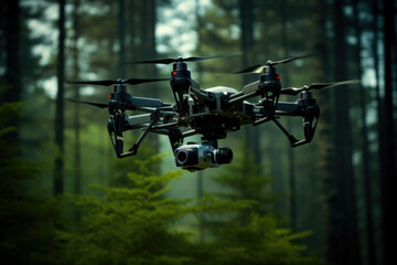 Flying drone with mountain and forest background