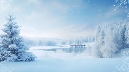 View of frozen lake during snowy winter. Landscape background wallpaper.