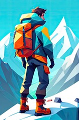 climber in comfortable climbing clothes stands on the top of the mountain and looks at the landscape, climber in comfortable climbing clothes stands on the top of the mountain and looks at the landsca