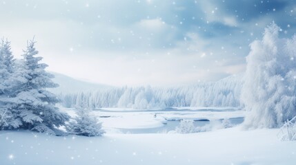 View of frozen lake during snowy winter. Landscape background wallpaper.