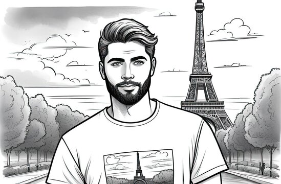 The Eiffel Tower is drawn on a white T-shirt, a T-shirt with a drawn Eiffel Tower is worn by a young man with a beard, the man stands on a blurred background of the Eiffel Tower, france, tour, vintage
