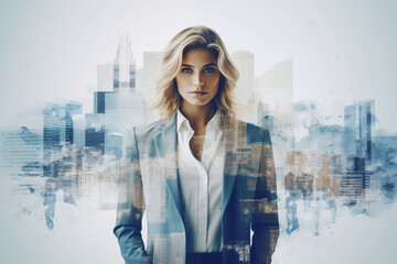 Double exposure of a businesswoman and a cityscape