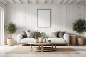 Fototapeta na wymiar White wood shiplap home showcase interior sitting area