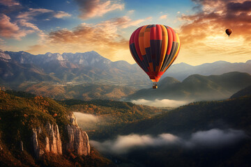 illustration of a hot air balloon over a mountains on sunset. Created with Generative AI - obrazy, fototapety, plakaty