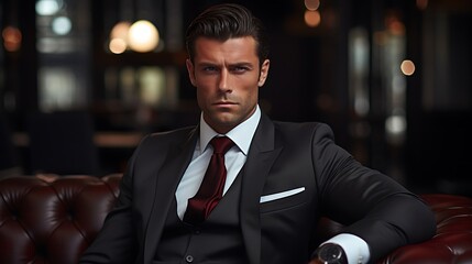 Portrait of a handsome man in a suit sitting on a leather sofa