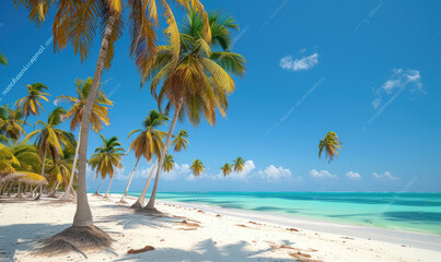 Beautiful tranquil empty bright white paradise sand beach,  palm trees, and  turquoise water in Zanzibar