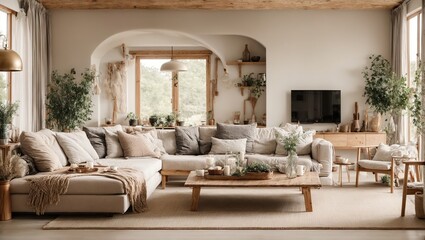 Interior of a beige living room decorated in a Scandinavian farmhouse style with natural wood furnishings,Modern luxury living room , Modern interior living room design