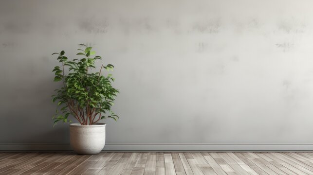 Interior potted plant decoration on wood vinyl floor with exposed cement wall.